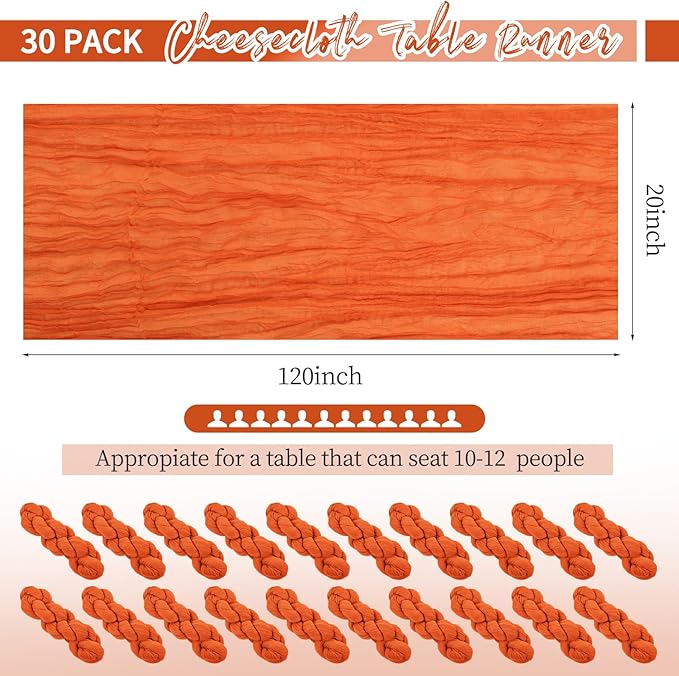 30 Pack Orange Table Runner 10Ft Cheesecloth Table Runner Boho Gauze Cheese Cloth Table Runners Romantic Long Sheer Fabric Burnt Orange Table Runners for Wedding Party Bridal Shower