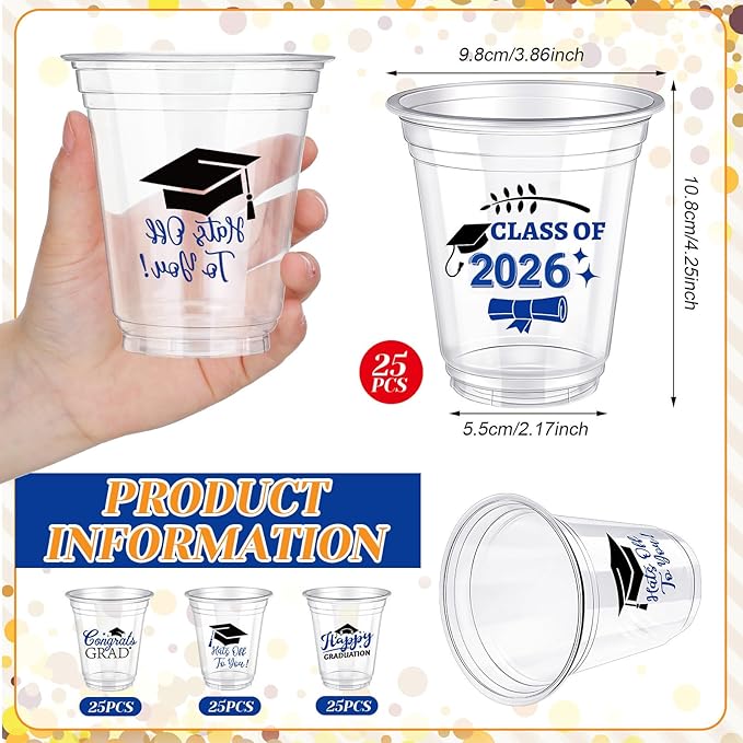 Eaasty 200 Pcs 12oz Graduation Cups 2026 Disposable Plastic Cups for Class of 2026 Graduation Party Congrats Grad Elegant Party Supplies Tableware Decorations (Blue)