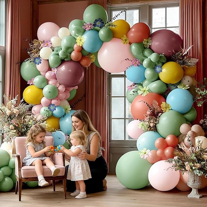 Blue Green Pink Balloon Arch Double Stuffed, Pastel Green Purple Yellow Beige Balloons Cosmos Kelsang Flowers for Baby Shower Birthday Bridal Gender Reveal Floral Easter Tea Party Decorations
