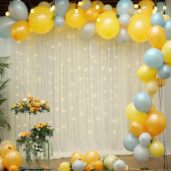 30x8ft Ivory Tulle Backdrop Curtain with Lights String for Parites, Sheer Photo Backdrop Curtains with Lights for Wedding Backdrop Ceremony Reception Bridal Shower Baby Shower Birthday Party