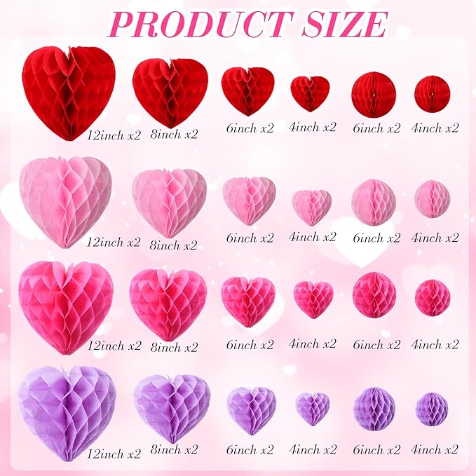 48 Pcs Valentine's Day Paper Heart Shaped Honeycomb Party Decorations Red Pink Purple Round Heart Tissue Paper Pom Poms for Birthday Wedding Decorations, 5 Size