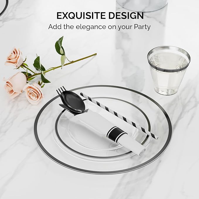 ROVSUN 400 Piece Black Disposable Dinnerware Set for 50 Guests, Clear Plastic Plates for Party, 50 Pre-Rolled Napkins,Silverware,Dinner & Dessert Plates,Cups,Straws for Wedding Birthday Event
