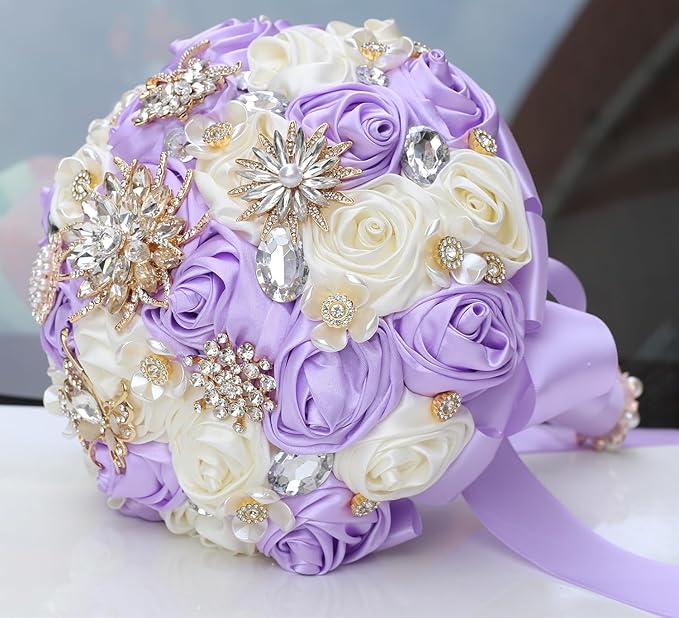 Handmade Wedding Bouquets for Bride Bridesmaid Brooch Bouquet Artificial Holding Flower Tossing Bouquet for Wedding Ceremony Anniversary(Light Purple/Ivory,16cm)