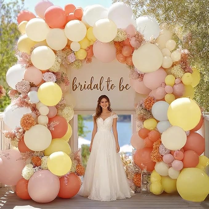 Pink Yellow Peach Balloons with Hydrangea Artificial Flowers, Double Stuffed Pastel Pink Coral White Ivory Balloon Arch for Baby Shower Birthday Wedding Bridal Shower Wildflower Party Decorations