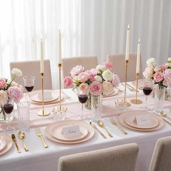 KIRE 350 PCS Pink Plastic Plates - Pink and Gold Disposable Dinnerware 50 Guest Include 50 Dinner Plate - 50Dessert Plate - 50Pre Rolled Napkins with Silverware for Valentine’s Day/Wedding/Baby Shower