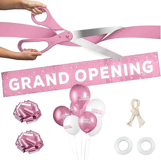 Upper Midland Products Deluxe Grand Opening Ribbon Cutting Ceremony Kit - 25" Giant Scissors, Pink Satin Ribbon, Banner, Bows, Balloons & More