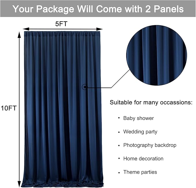 10 ft x 10 ft Wrinkle Free Navy Blue Backdrop Curtains Panels, 2 Panels 5ft x 10ft Sikly Polyester Photo Backdrop Drapes for Graduation Baby Shower Wedding Birthday Parties Photography Background