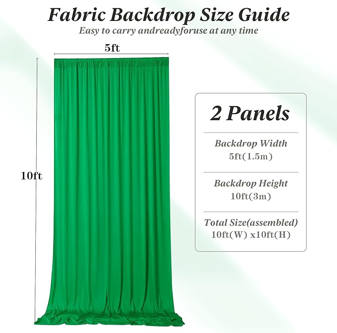 10 ft x 10 ft Wrinkle Free Green Backdrop Curtain for Parties, 2 Panels 10ft Polyester Green Photo Backdrop Drapes for Graduation Birthday Wedding Party Stage Curtains