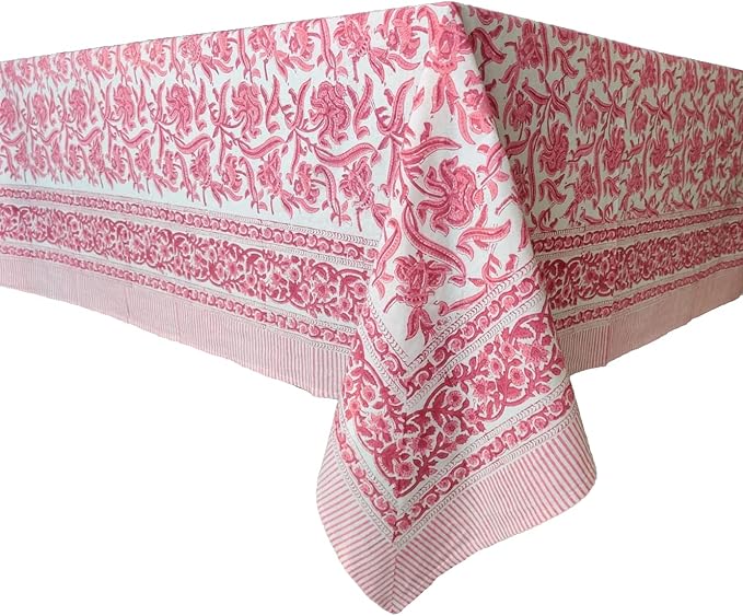 ATOSII Red Bloom 100% Cotton Tablecloth, Handblock Print Rectangle Table Cover for Kitchen Dining I Tabletop Linen I Parties, Wedding, Spring Summer Table Cloth 60 X 90 Inches