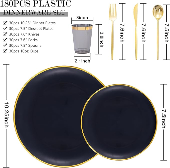 EI 180pcs Black Plastic Plates Black and Gold Disposable Plates Gold Plastic Dinnerware Set Silverware and Cups for Birthday,Wedding,Festival,Party Graduation,Spring Afternoon Tea Business Event