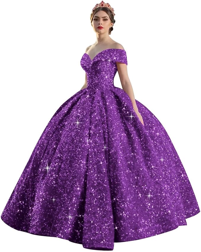 Quinceanera Dress Long Ball Gown Sparkly Sequin Off Shoulder V Neck Prom Dresses
