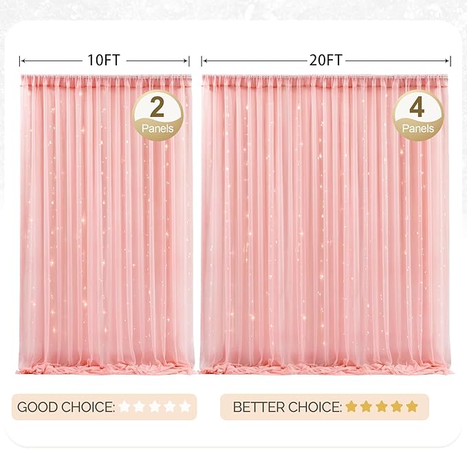 20x8ft Dusty Rose Tulle Backdrop Curtain with Lights String for Parites, Sheer Photo Backdrop Curtains with Lights for Wedding Backdrop Ceremony Reception Bridal Shower Baby Shower Birthday Party