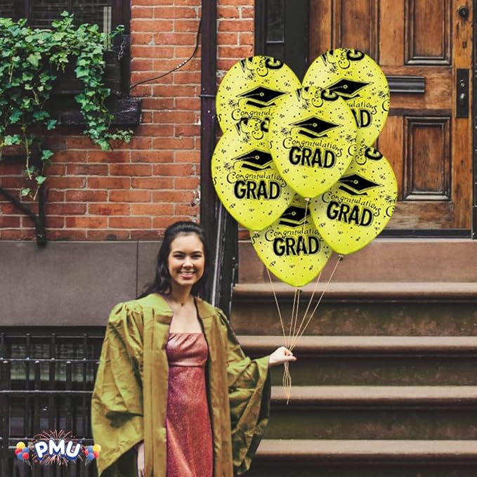 PMU 100 Pcs Crystal Yellow Graduation Balloons Class of 2025 with All-Over Print White Grad Caps-Confetti and Streamers | Graduation Party Supplies | Congratulations Grad Latex Balloons Latex