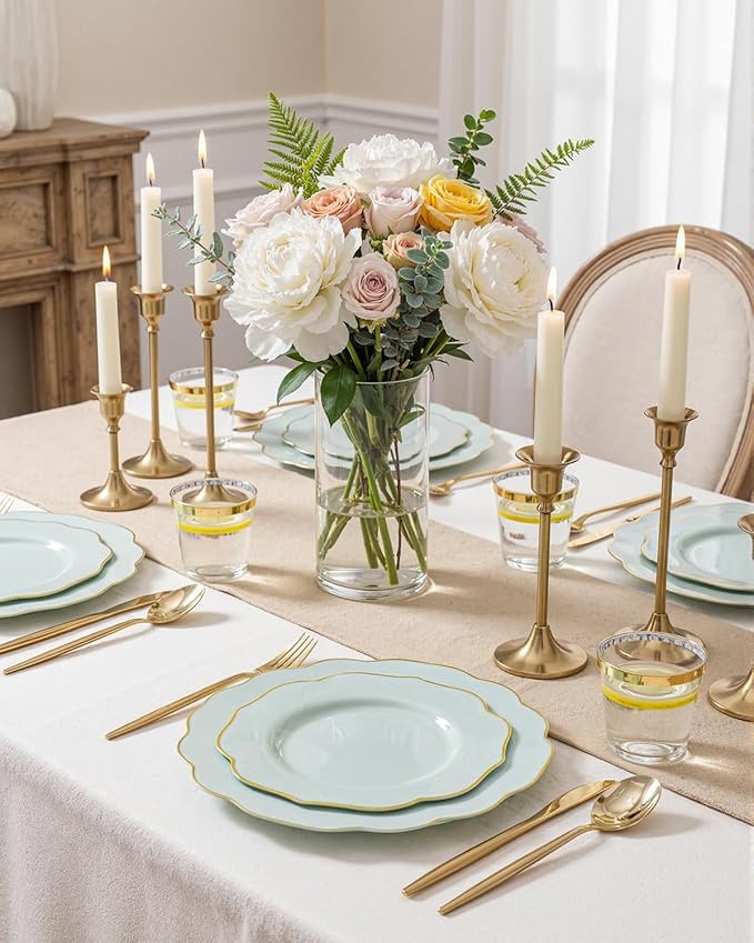bUCLA 180PCS Green Plastic Plates - Disposable Sage Green with Gold Rim - Include 30 (Dinner & Dessert) Plates, 30 Knives, 30 Forks, 30 Spoons and 30 Cups for Party & Spring