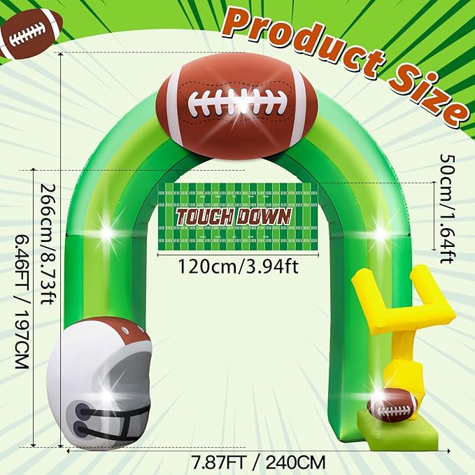 Eyourlife 9FT Football Party Decorations for Game Day Blow Up with Helmet Built in LED Lights Goal Post for Yard Giant Balloon Photo Prop for Gift Light Green Football Inflatable Arch