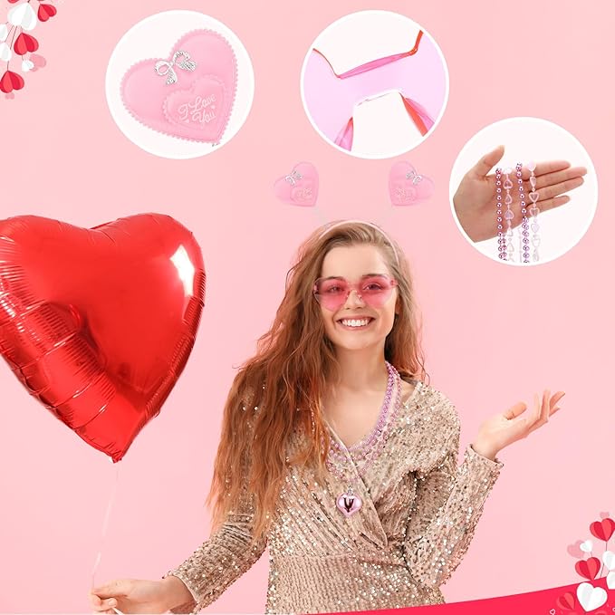 Kanayu 108 Pcs Valentines Day Accessories 36 Valentines Heart Headbands 36 Heart Shaped Sunglasses 36 Bead Necklaces for Valentine Party Favors Supplies Bachelorette Decorations(Pink)