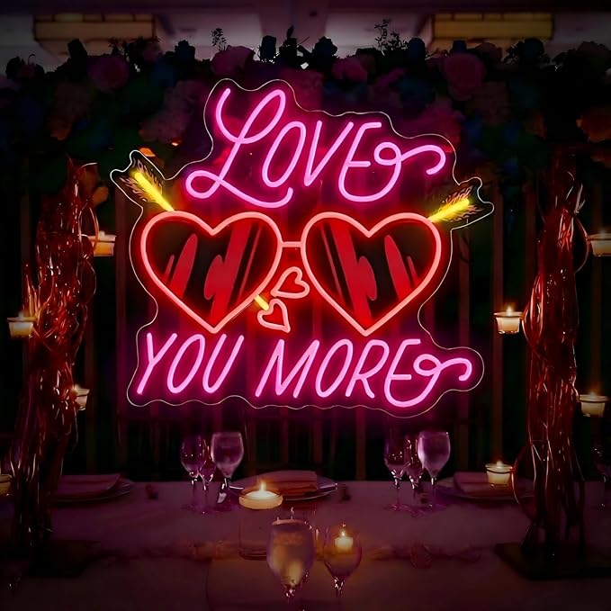 Love You More Neon Sign for Wall Decor, Playful Heart LED Neon Light with Sparkle Detail for Date Night Bedroom Party Decor, Romantic Neon Wall Art for Valentine’s Day Couple Decor 15"x13"