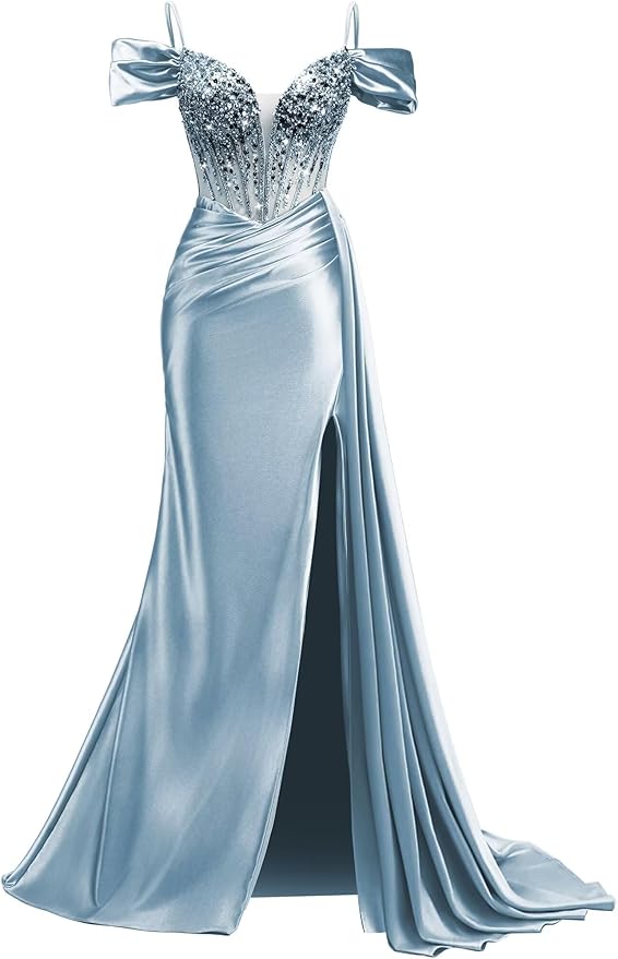 Rjer Off The Shoulder Satin Prom Dresses Long with Slit Tail 2026 Sequin Beaded Pleated Evening Ball Gown for Women Formal