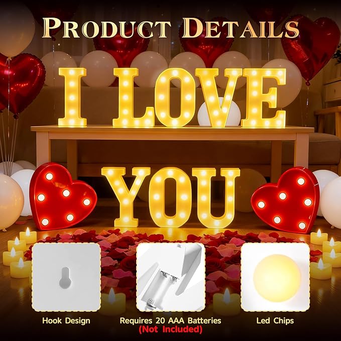 73 PCS I Love You Light Up Letters Set, with 30 Tea Lights Candles, Rose Petals, Round Pearlescent Balloon, Aluminum Balloons, Romantic Valentine's Day Wedding Engagement Birthday Party Decoration