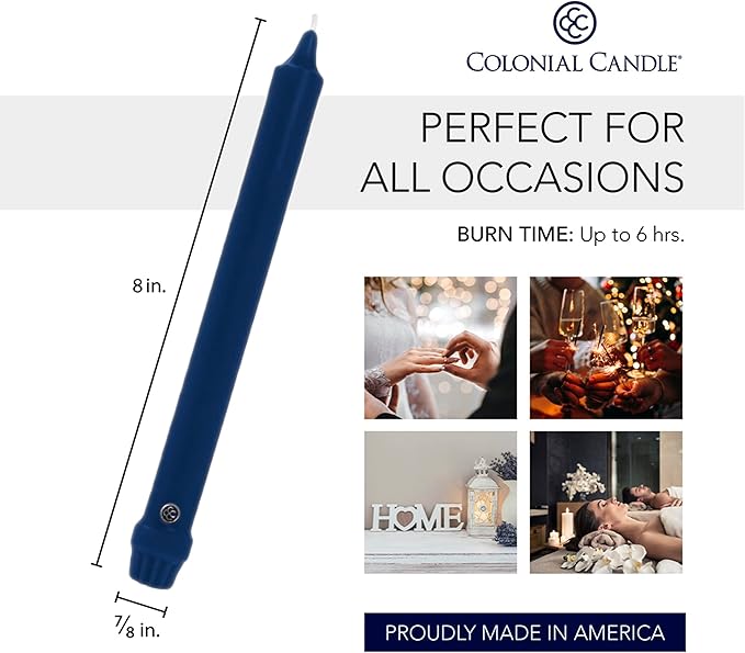 Colonial Candle Unscented Taper Candle, Classic Collection, Indigo, 8 In, Pack of 12 - Up to 6 Hours Burn