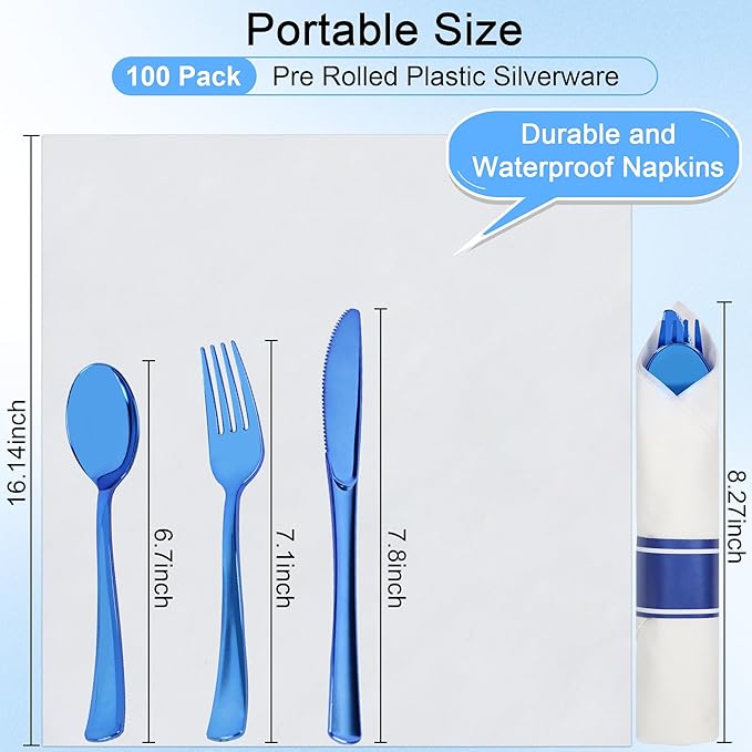 400 PCS Pre Rolled Cutlery Sets, Premium Blue Plastic Flatware Sets Wrapped in Napkin, Disposable Cutlery Set with 100 Forks, 100 Knives, 100 Spoons, 100 Napkins for Upscale Wedding, Party, Dinner