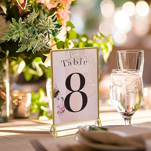 UNIQOOO Acrylic Sign Holders with Golden Border, Portrait View, Pack of 12 | 4x6 Inches Double Sided Clear Frame, Perfect for Wedding reception, Centerpiece, Decoration, Party,Anniversary, Event
