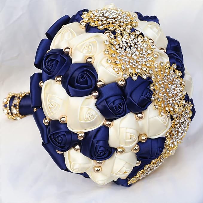 Bridal Wedding Bouquet with Gold Rhinestone Pearl for Quinceanera Bride Bridesmaid Satin Rose Flower Brooch Bouquet Wedding Navy Blue and Ivory 8.3in
