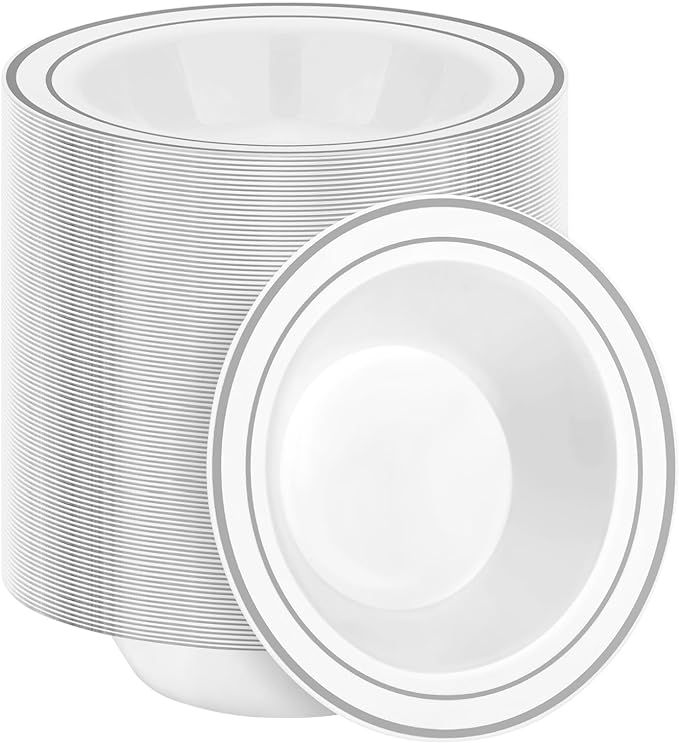 BESTSTAR 200 Pack Disposable Soup Bowls with Silver Rim, 12oz Premium Heavy Duty Plastic Dinner Bowls for Party, Wedding and Holiday