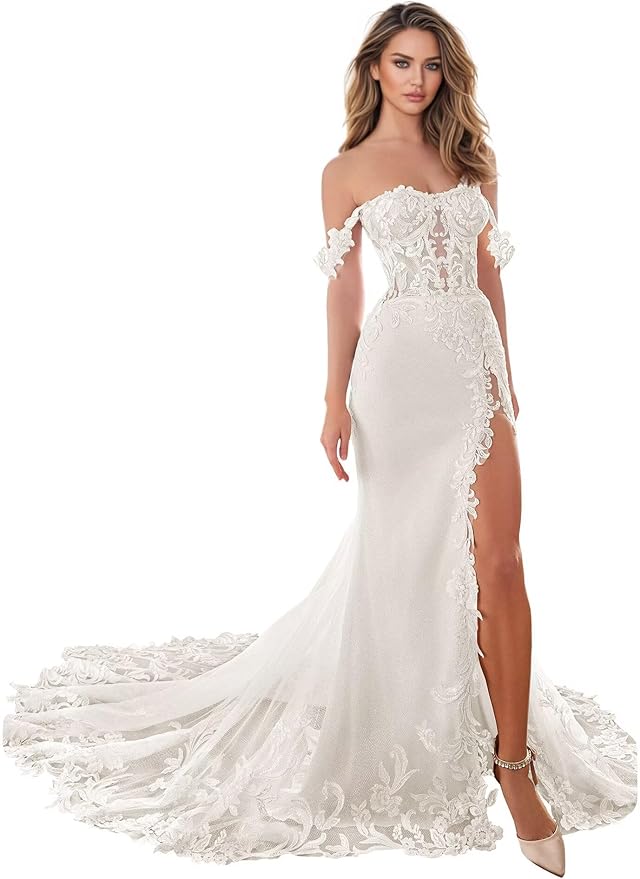 Zeeyecie Mermaid Tulle Wedding Dresses Lace Applique Corset V-Neck Sparkly Bridal Gowns with Train for Brides