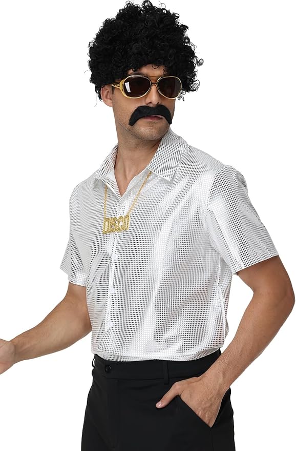 7Pcs Mens 70s Disco Costume, Retro Shirt Bell Bottom Pants Wig Sunglasses Necklace Wig Cap for Disco Party