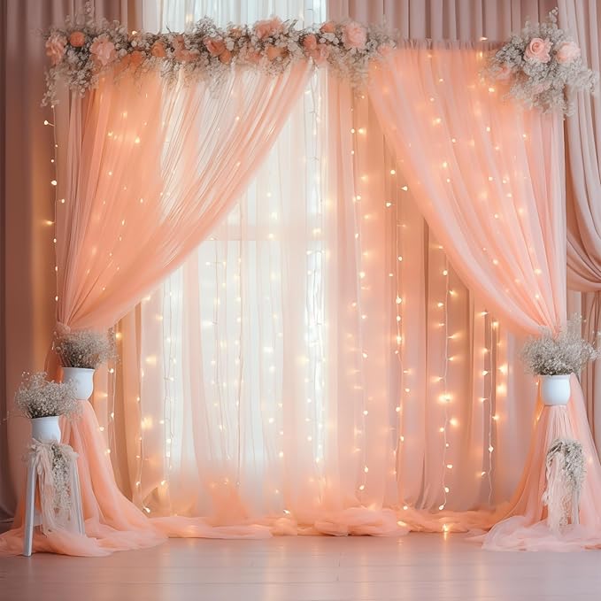 30ft x 10ft Peach Backdrop Curtain with Lights String for Parties, Sheer Tulle Wedding Photo Backdrops Drapes for Baby Shower Birthday Party Decorations Background for Photography
