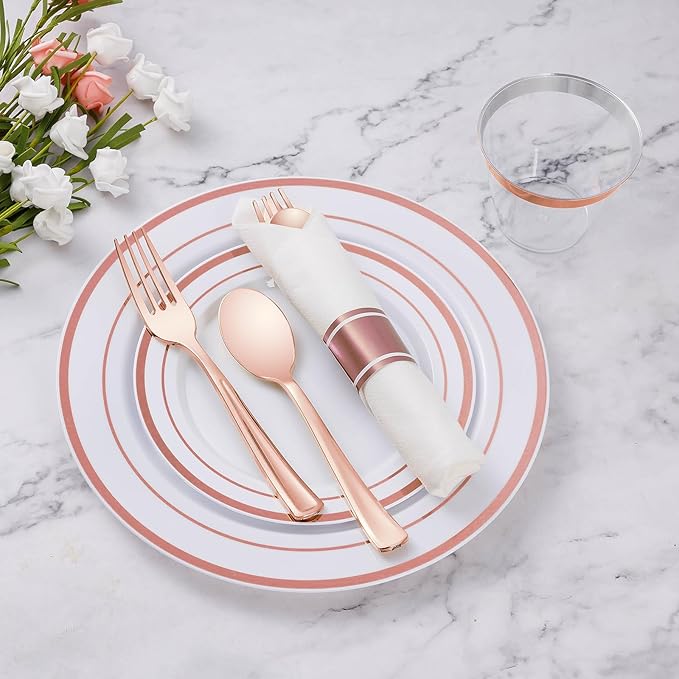 Goodluck 100 Pack Pre Rolled Rose Gold Plastic Silverware, Wrapped Cutlery Set with Napkin Include 100 Forks, 100 Knives, 100 Spoons and 100 Napkins, Fancy Disposable Silverware for Party, Wedding