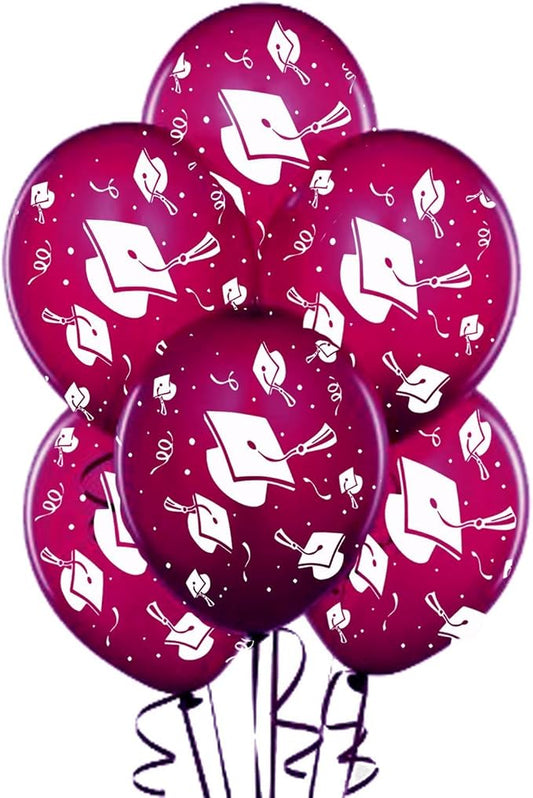 PMU 100 Pcs Burgundy Graduation Balloons Class of 2025 with All-Over Print White Grad Caps-Confetti and Streamers | Graduation Party Supplies | Congratulations Grad Latex Balloons Latex