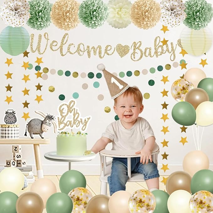 Sage Green Baby Shower Decorations Gender Neutral Baby Shower Decorations Welcome Baby Banner Sage Green Balloons Paper Lanterns Pom Tablecloth Neutral Gender Reveal Birthday Party Supplies