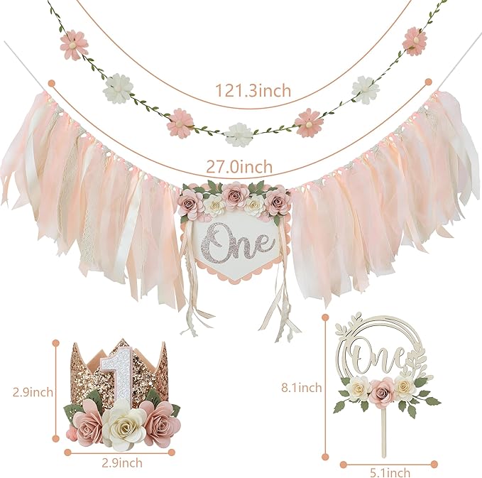 First Birthday Decorations for Girl Light Pink High Chair Banner One Flower Cake Topper Floral Hat Wildflower Garland 1st Birthday Decoration Supplies
