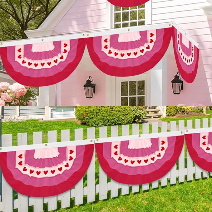 4Pcs Valentine Bunting Flags 2x4Ft Embroidered Love Heart Half Fan Valentine’s Day Galentine’s Day Decor Banner for Outdoor Porch Garden Fence Décor Engagement Party Anniversary/Wedding