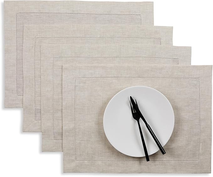 Solino Home Linen Placemats Set of 4 - Classic Hemstitch Light Natural Placemats 14 x 19 Inch - 100% Pure Linen Table Mats for Spring, Easter
