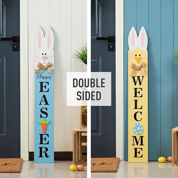 Glitzhome 42"H Wooden Double-Sided Easter Welcome Porch Sign with Bunny Ears Vertical Welcome Porch Décor Hanging Signs for Front Door or Indoor Home Decor