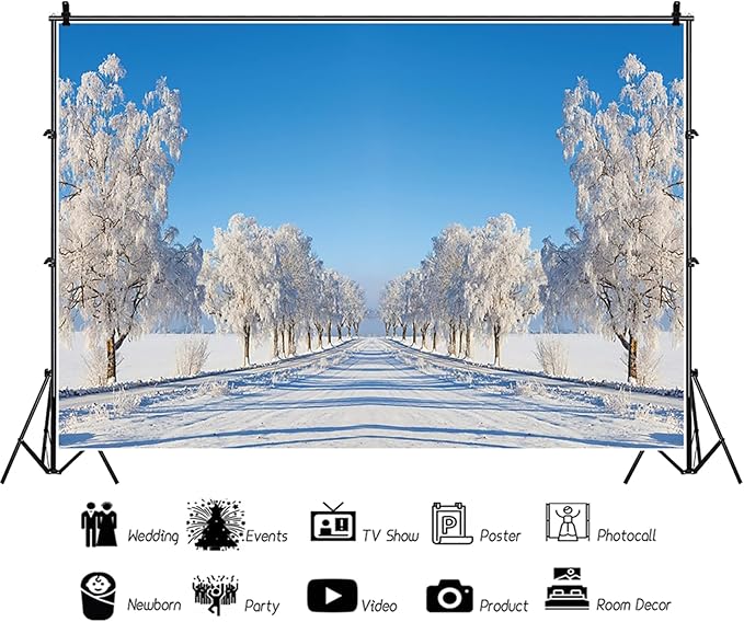 Baocicco 10x6.5ft Winter Scenery Backdrop Photography Snow Cover Trees Frozen Road Wonderland Christma Xmas Landscape Background Cloth Family Holiday Party Decorations New Year Banner Studio Props