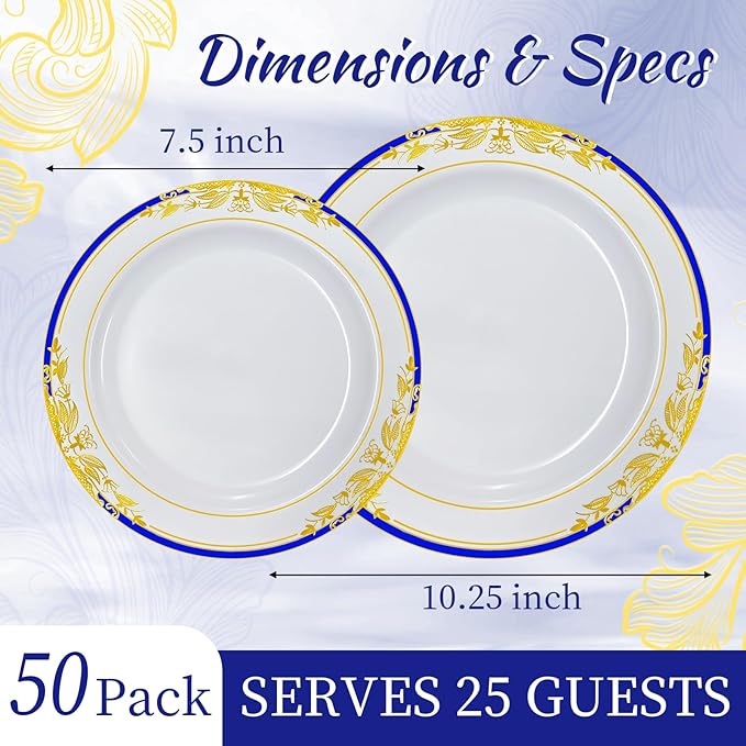 MENDENG 50Pcs Disposable Plastic Plates for Party, 25x7.5Inch & 25x10.25Inch Elegant Fancy Plastic Wedding Plates Disposable, Heavy Duty Dessert Party Dinner Plates