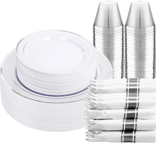 DaYammi 210PCS Silver Plastic Dinnerware Set for 30 Guests, Fancy Disposable Plates for Party, Include: 30 Dinner Plates, 30 Dessert Plates, 30 Pre Rolled Napkins with Silver Silverware, 30 Cups