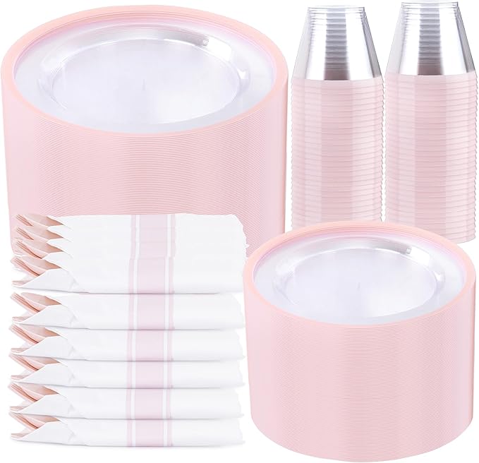 I00000 350 Pcs Clear Pink Plates for 50 Guests, Pink Dinnerware Include 100 Plates, 50 Cups, 50 Pre Rolled Napkins with Cutlery Set for Party and Wedding