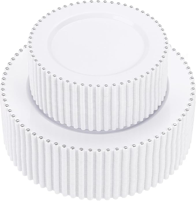 supernal 100pcs Silver Plastic Plates - Heavy Duty Elegant White Disposable Plates with Silver Beads Set Include 50 Plastic Dinner Plate and 50 Dessert Plate Perfect for Wedding, Birthday & Party