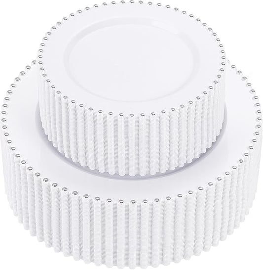 supernal 100pcs Silver Plastic Plates - Heavy Duty Elegant White Disposable Plates with Silver Beads Set Include 50 Plastic Dinner Plate and 50 Dessert Plate Perfect for Wedding, Birthday & Party