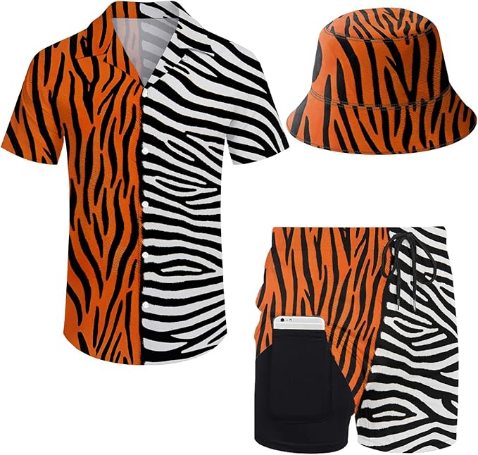 Men's Hawaiian Shirt and Shorts Set 2 Piece Beach Outfits with Bucket Hats for Beach Days and Summer Vibes
