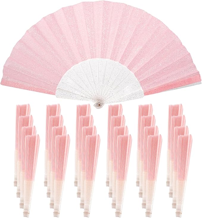 24 Pack Handheld Fan,Folding Hand Glitter fan with Shining Transparent Fan Rib – Ideal for Wedding, Church, Festival, Dance, Tea Party, Club, and EDM Accessories, Pink