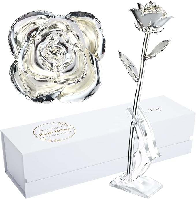 Silver Rose, Silver Dipped Rose Made from Real Rose Best Gifts for her and 25th for Wife, Silver with Stand