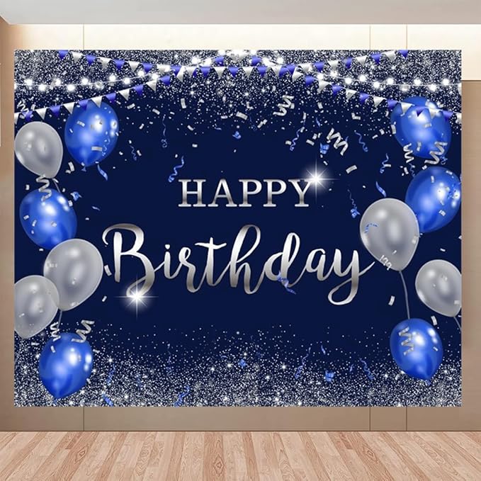 ChloropLastid Navy Blue and Silver Happy Birthday Backdrop 10x8ft for Women Men Girls Boys Birthday Party Decorations Banner Photography Background Happy Birthday Banner Decor Supplies