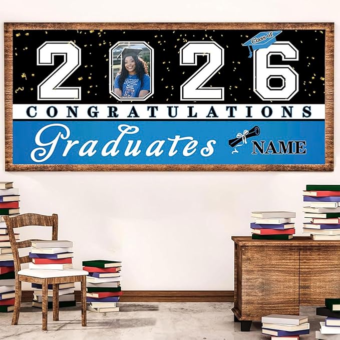 Custom Graduation Garage Door Banner Decoration 7x16ft with Photo Congrats Garage Door Cover 2026 Party Photo Booth Backdrop Party Supplies(Sky Blue)