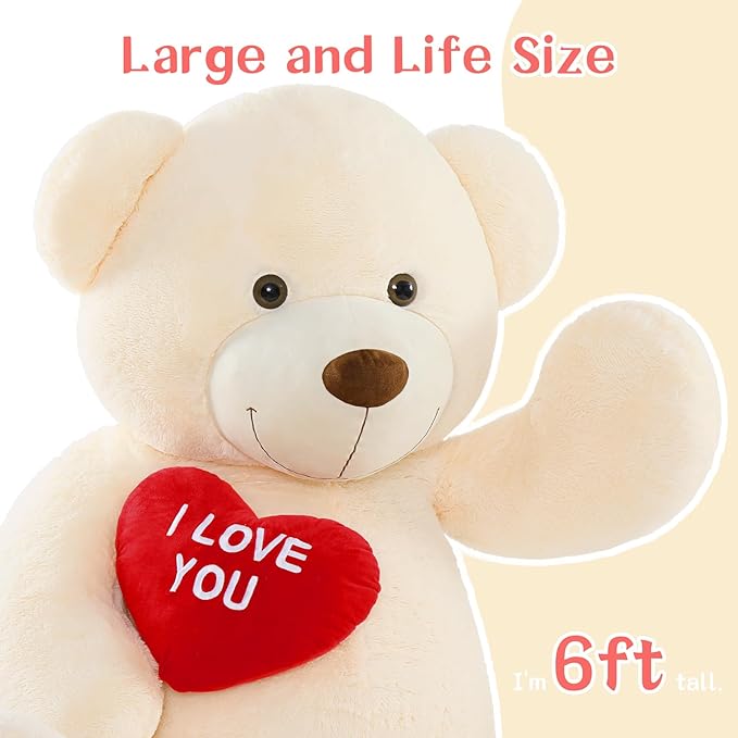 Red Heart Giant Teddy Bear 6ft, Big Teddy Bear Stuffed Animals with Embroidered I Love You for Girlfriend Christmas Birthday, Huge Valentines Teddy Bear Gifts (White, 72 inches)